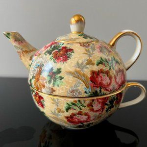 Skye McGhie Tea for One "Wild Rose" Chintz Porcelain 3pc Teapot and Teacup Set